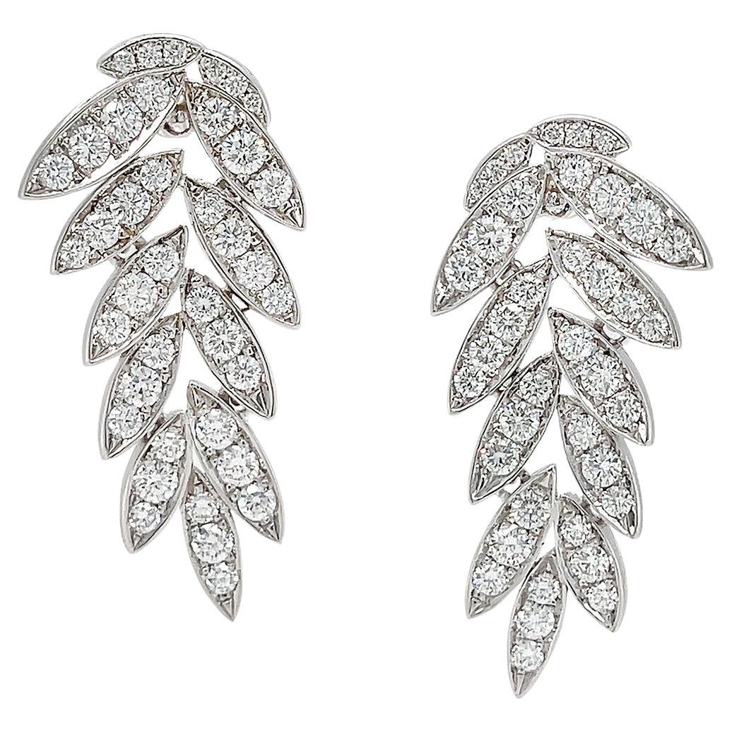 18K White Gold Diamond Pavé Dangling Leaf Earrings For Sale