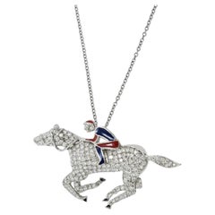 18K White Gold Diamond Pave Jockey and Horse Pendant Brooch, 3.10 cts