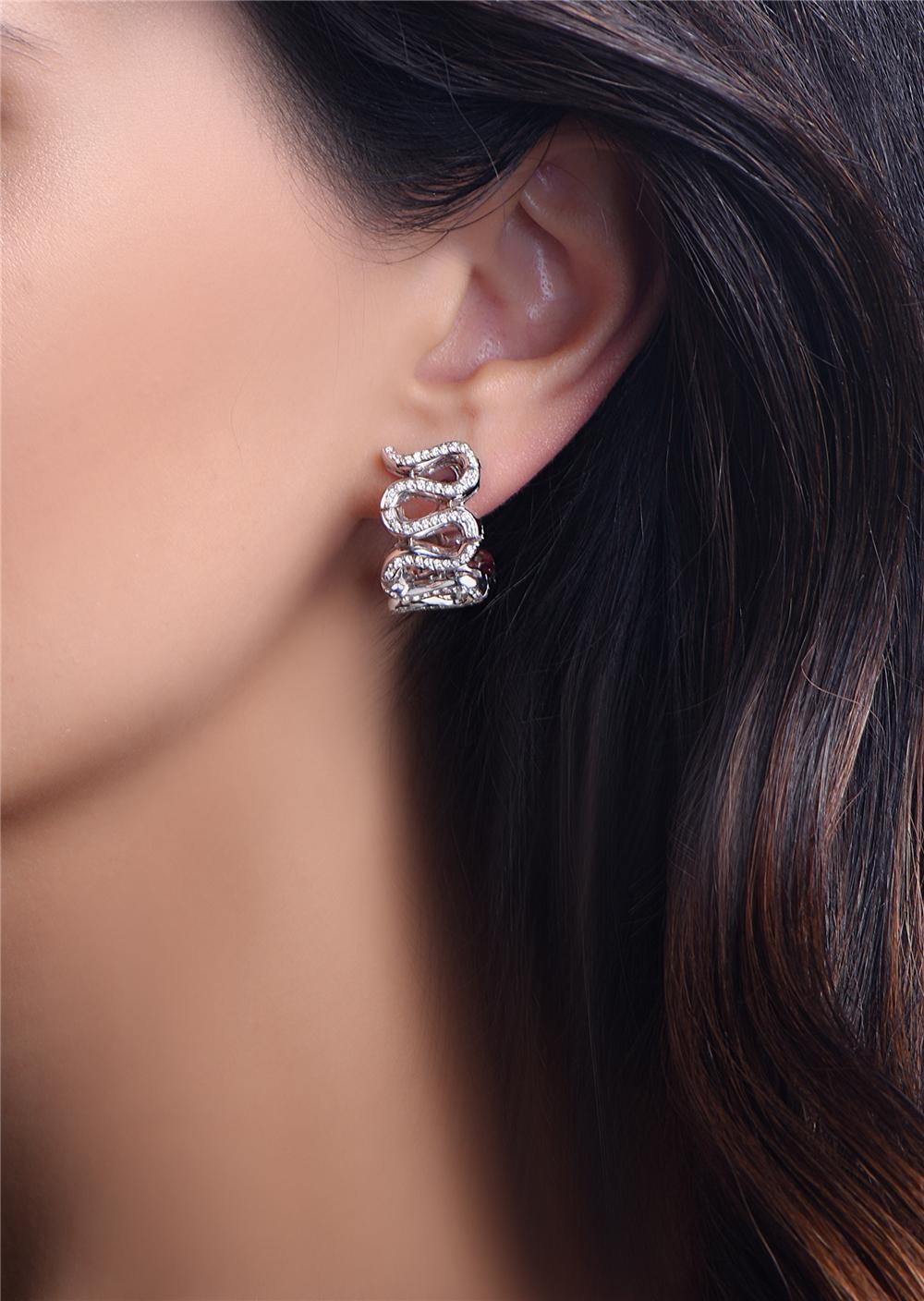 Round Cut 18 Karat White Gold Diamond Pave Swirl Hoop Earrings For Sale