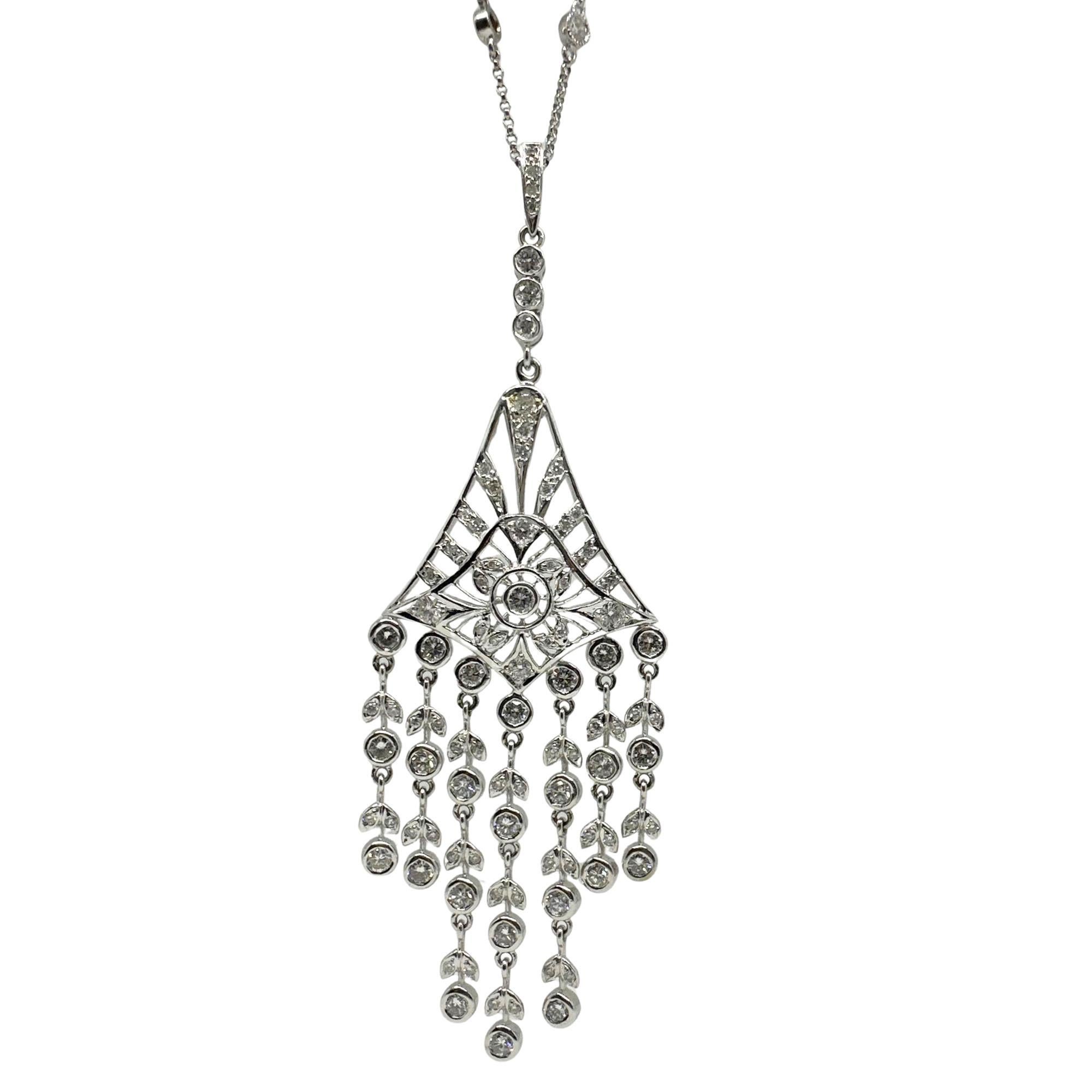 Round Cut 18K White Gold Diamond Pendant Chandelier Necklace For Sale