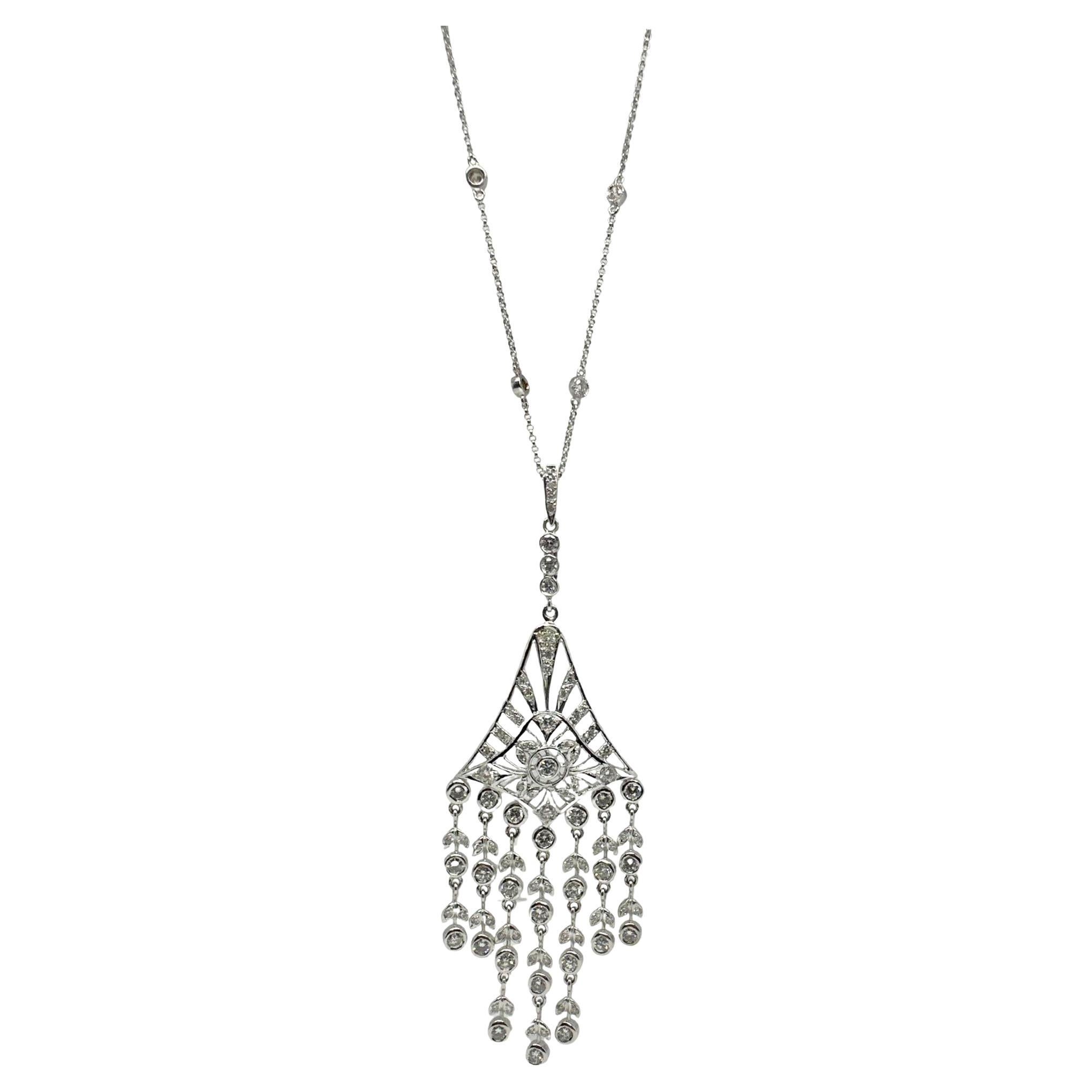 18K White Gold Diamond Pendant Chandelier Necklace For Sale