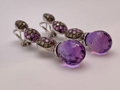 Mangiarotti, boucles d'oreilles chandelier en or blanc 18 carats avec diamants, saphirs roses et améthystes