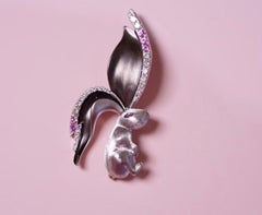 18K White Gold Diamond & Pink Sapphire Rabbit Pendant Necklace