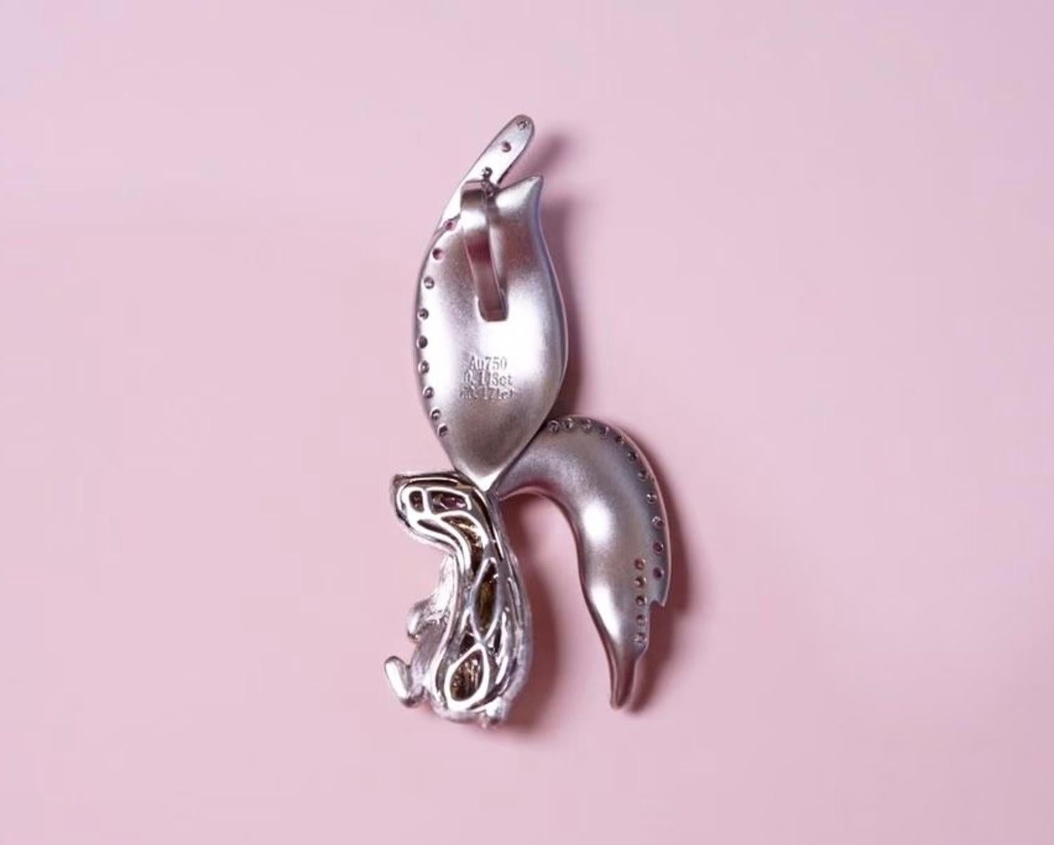 Modern 18K White Gold Diamond & Pink Sapphire Rabbit Pendant Necklace For Sale
