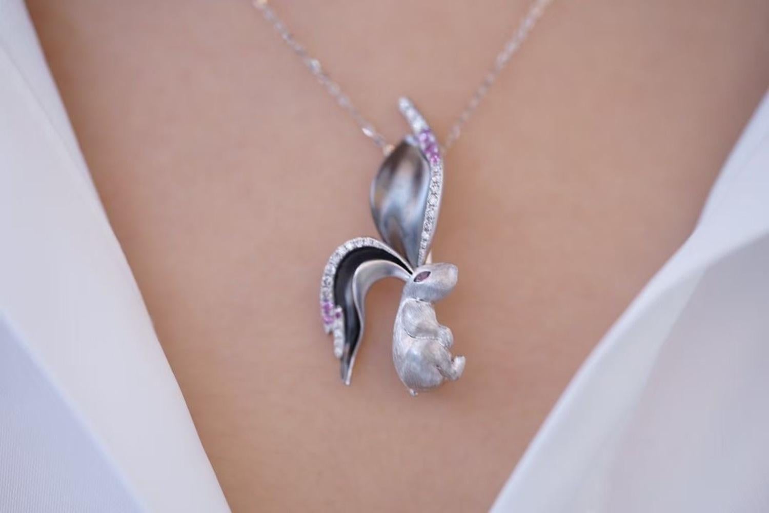 18K White Gold Diamond & Pink Sapphire Rabbit Pendant Necklace For Sale 2