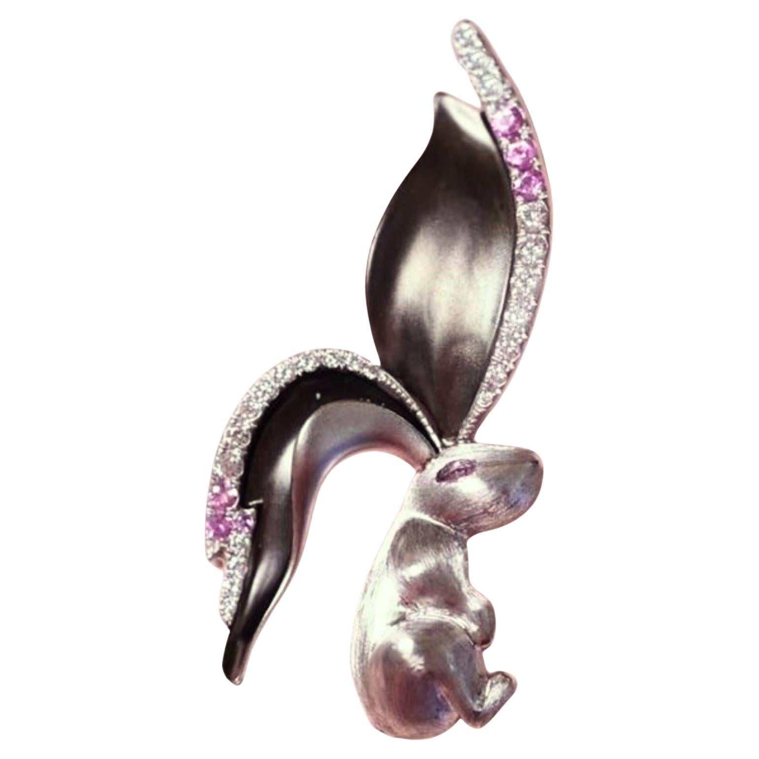 18K White Gold Diamond & Pink Sapphire Rabbit Pendant Necklace For Sale