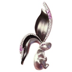 18K White Gold Diamond & Pink Sapphire Rabbit Pendant Necklace