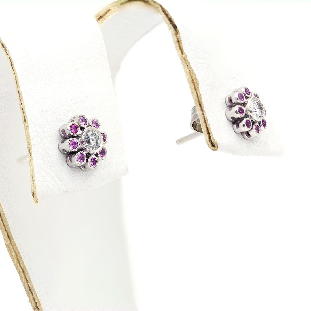Modern 18k White Gold Diamond & Pink Sapphire Stud Earrings