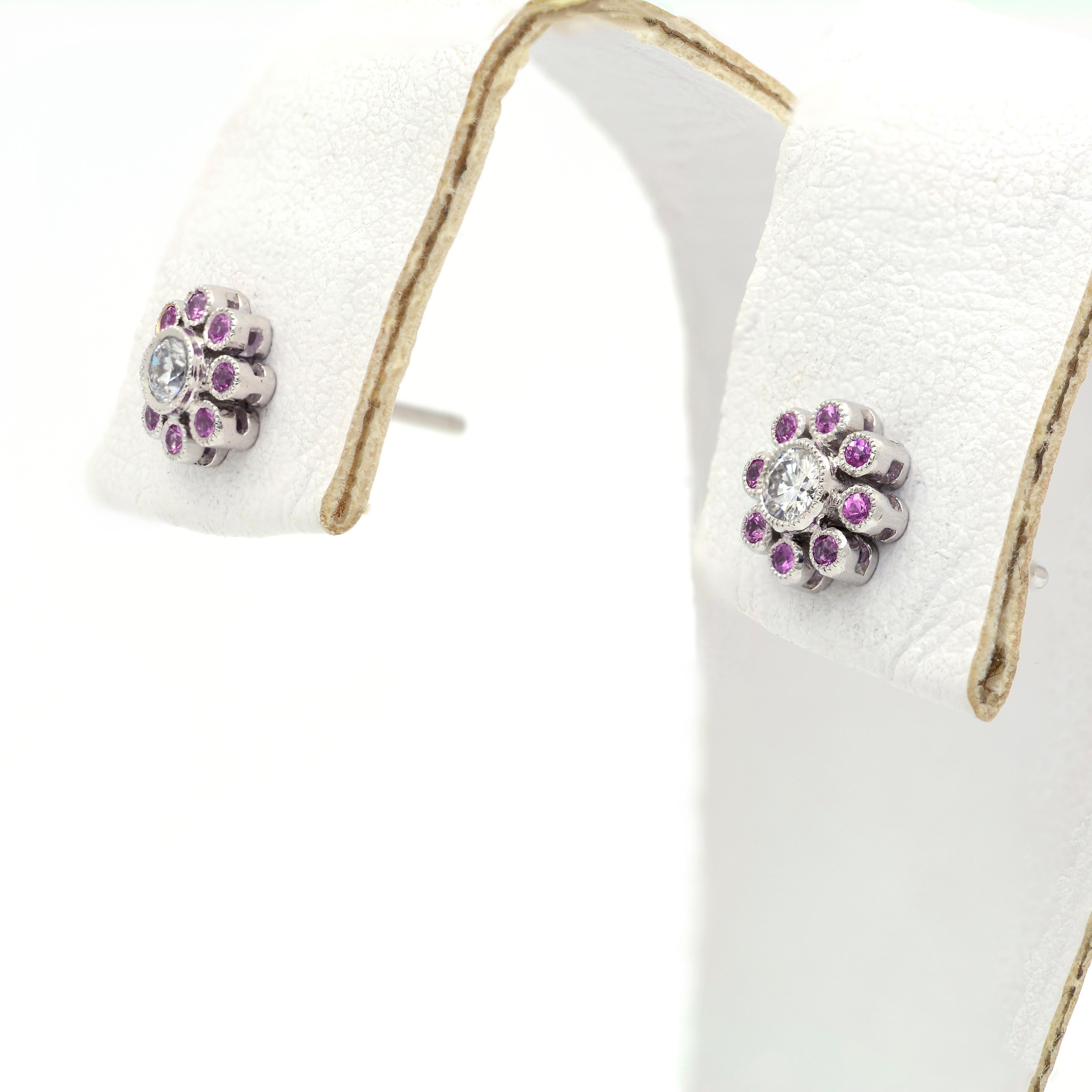 Round Cut 18k White Gold Diamond & Pink Sapphire Stud Earrings