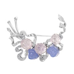 18 Karat White Gold Diamond Quartz and Chalcedony Rose Brooch