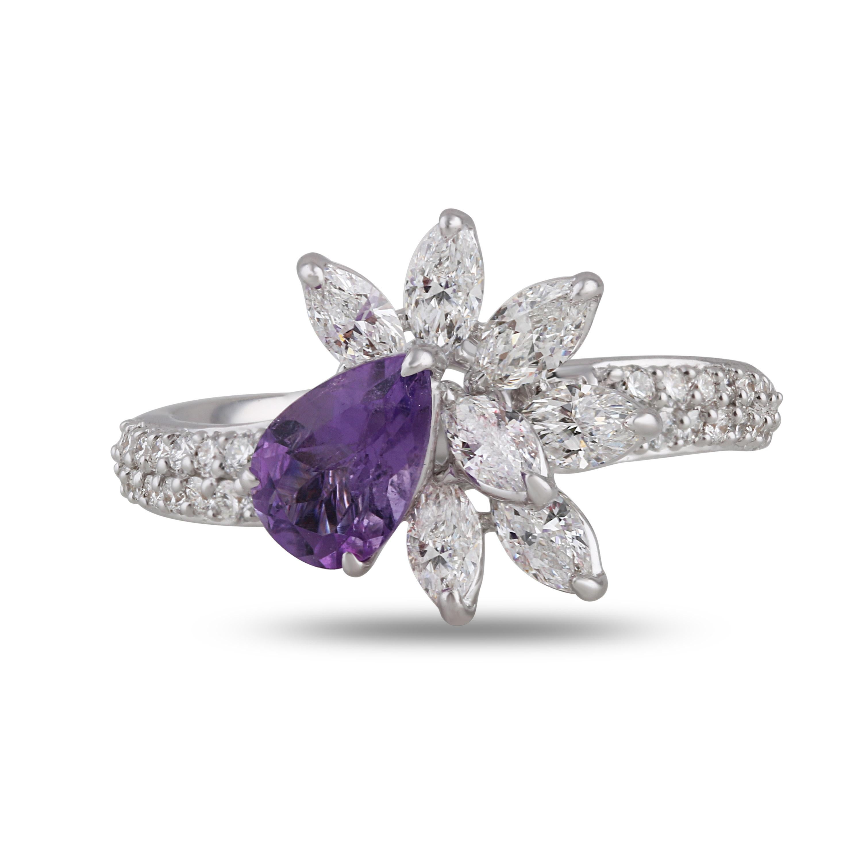 Pear Cut Studio Rêves 18 Karat White Gold Diamond Ring with Amethyst For Sale