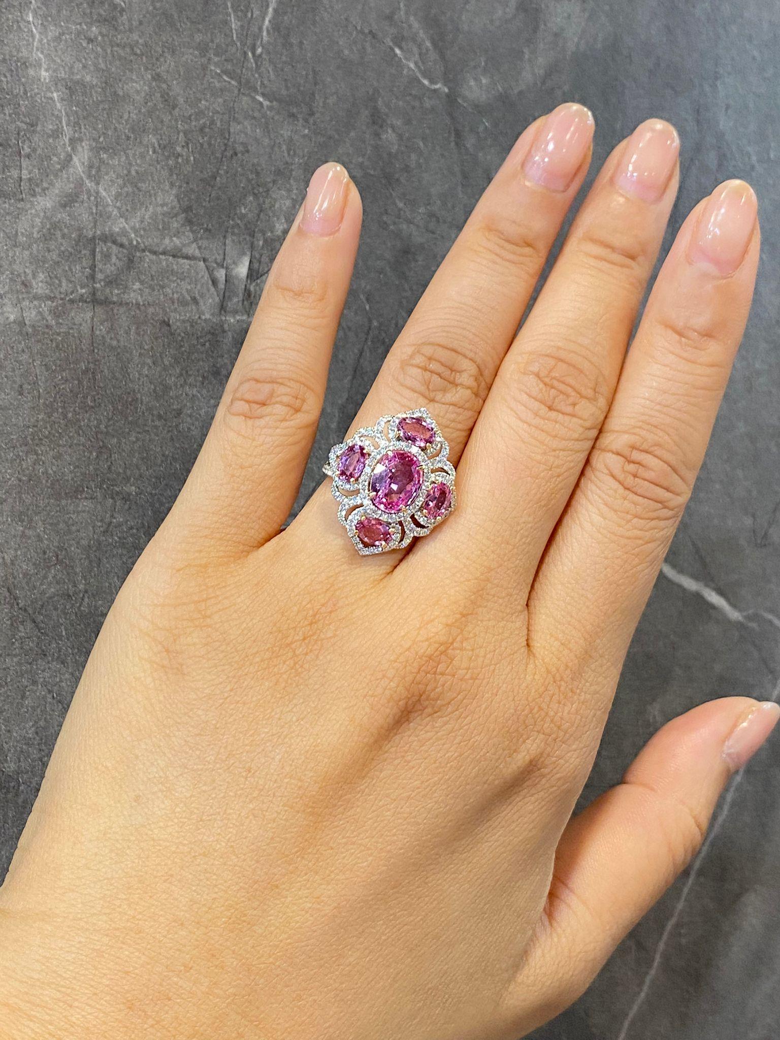 Modern 18K White Gold Diamond Ring with Pink Sapphire For Sale