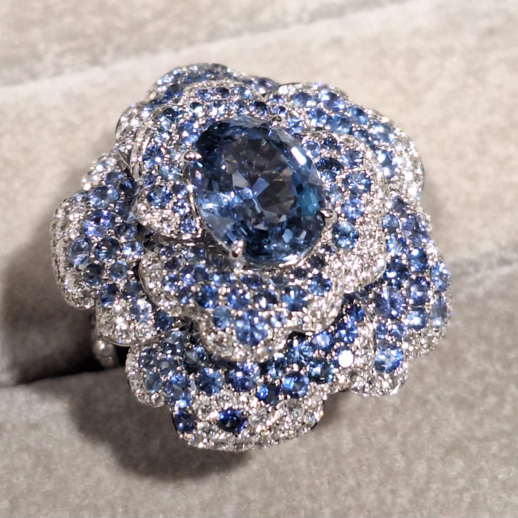 18K White Gold Diamond Ring with Sapphire

Sapphire is believed to promote wisdom, accurate thinking and spiritual truth. It is believed to be connected with the throat and the conscience, allowing the wearer to access a deeper understanding of