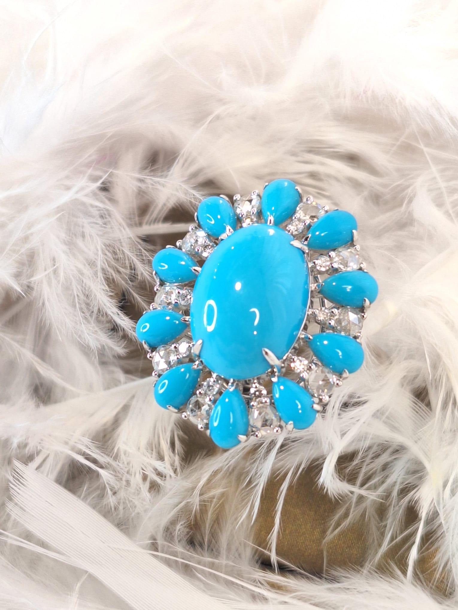 18K White Gold Diamond Ring with Turquoise

Turquoise is known for its ability to cleanse negative energy, bring good fortune.

Diamonds symbolise clarity and purity, also represent innocence, strength, and true love.

The ring setting with
