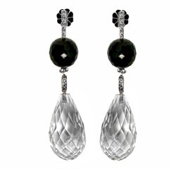 18K White Gold, Diamond, Rock Crystal, & Onyx Dangle Earrings 2 3/4 Inches Long