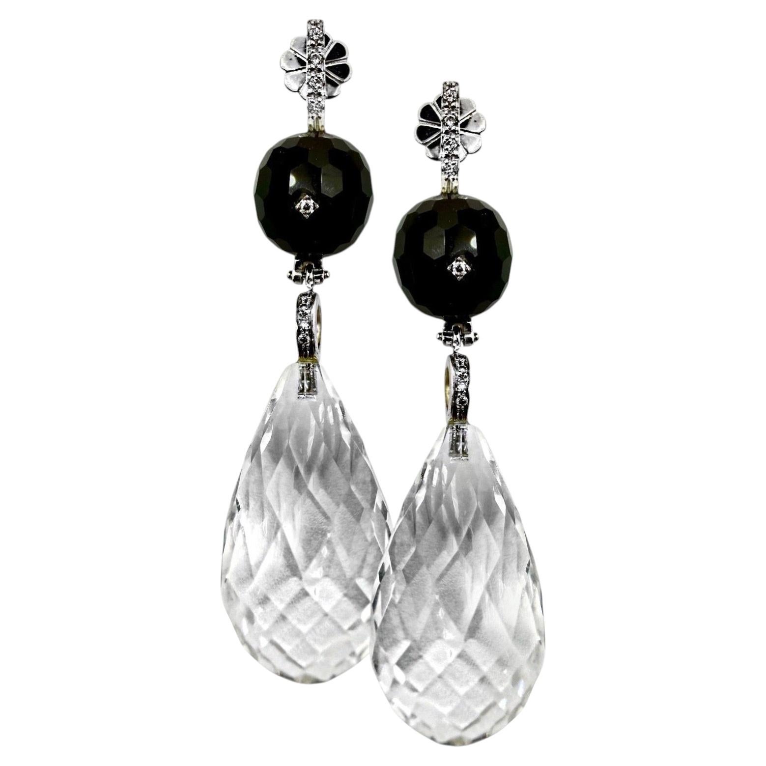Pendientes colgantes de oro blanco de 18 quilates, con diamantes, cristal de roca y ónix, de 2 3/4 pulgadas de largo