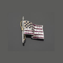 18k White Gold Diamond, Ruby, and Sapphire Gem American Flag Brooch