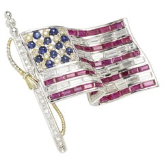 18k White Gold Diamond, Ruby, and Sapphire Gem American Flag Brooch