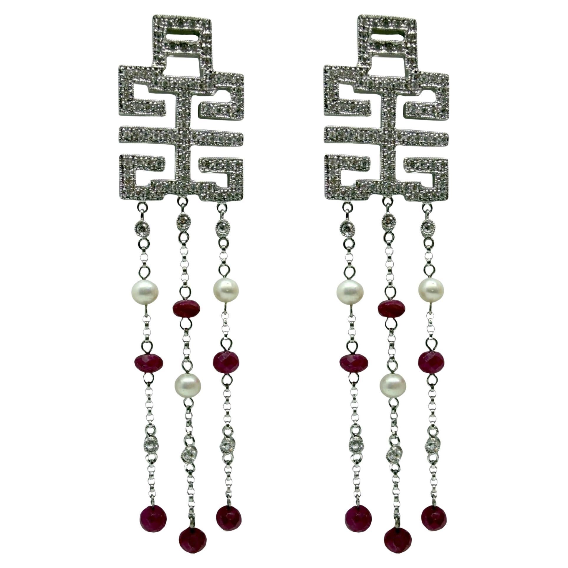 18k White Gold Diamond, Ruby Beads and Pearl Abstract Chandelier Drop Earrings For Sale