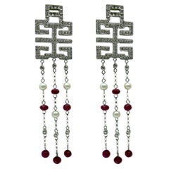 18k White Gold Diamond, Ruby Beads and Pearl Abstract Chandelier Drop Earrings