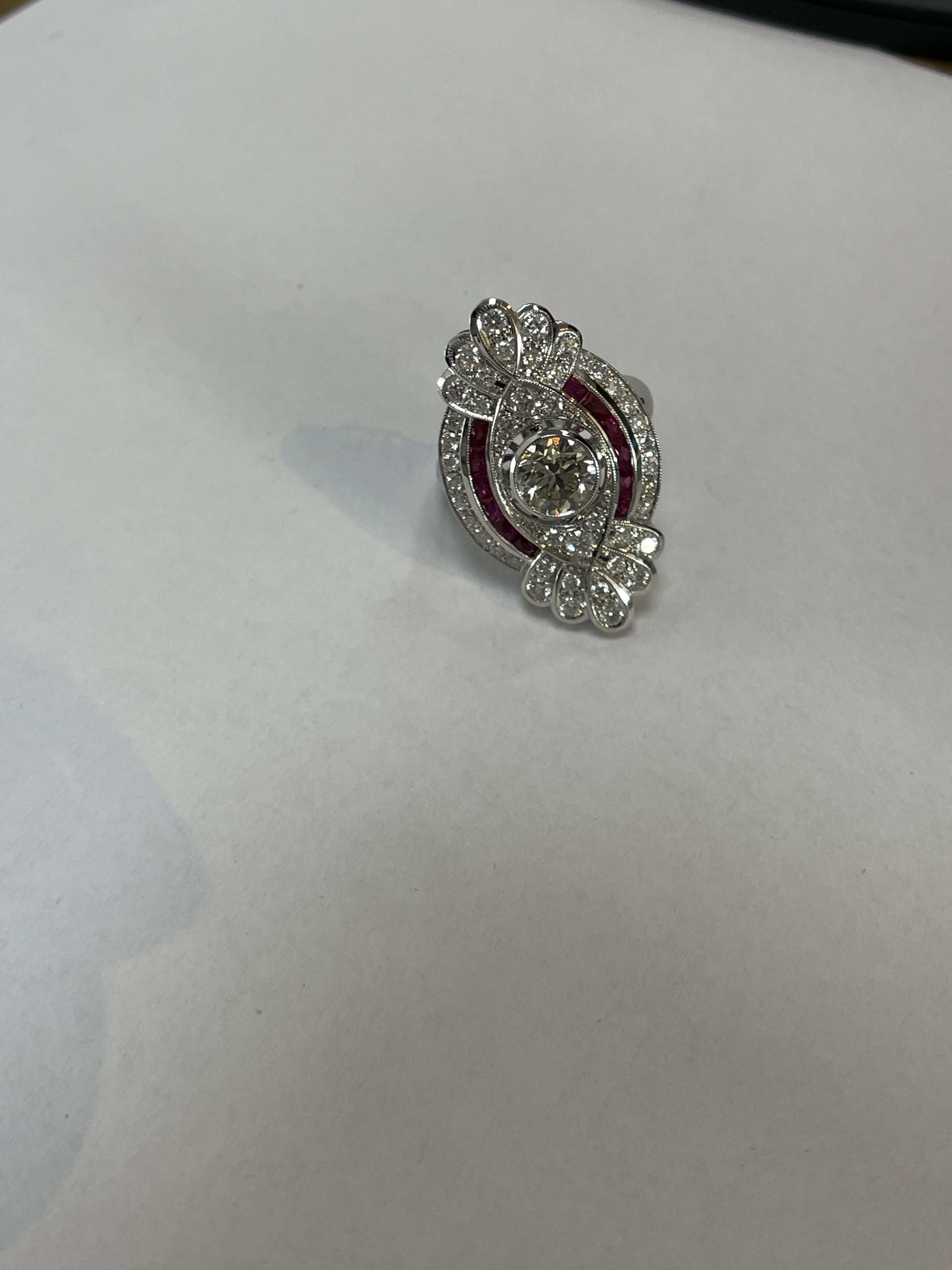 18k White Gold Diamond & Ruby Cluster Ring For Sale 8