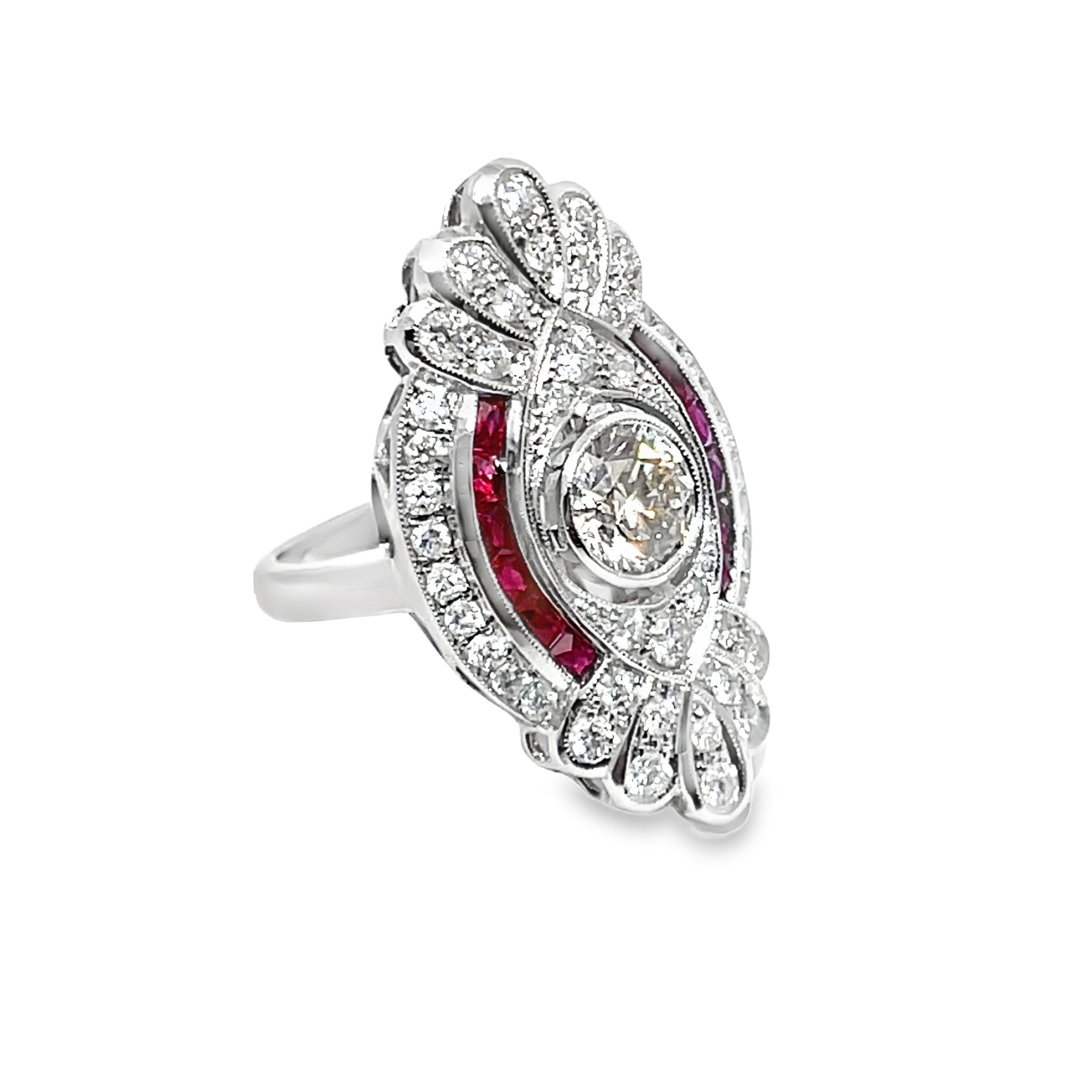 Modern 18k White Gold Diamond & Ruby Cluster Ring For Sale