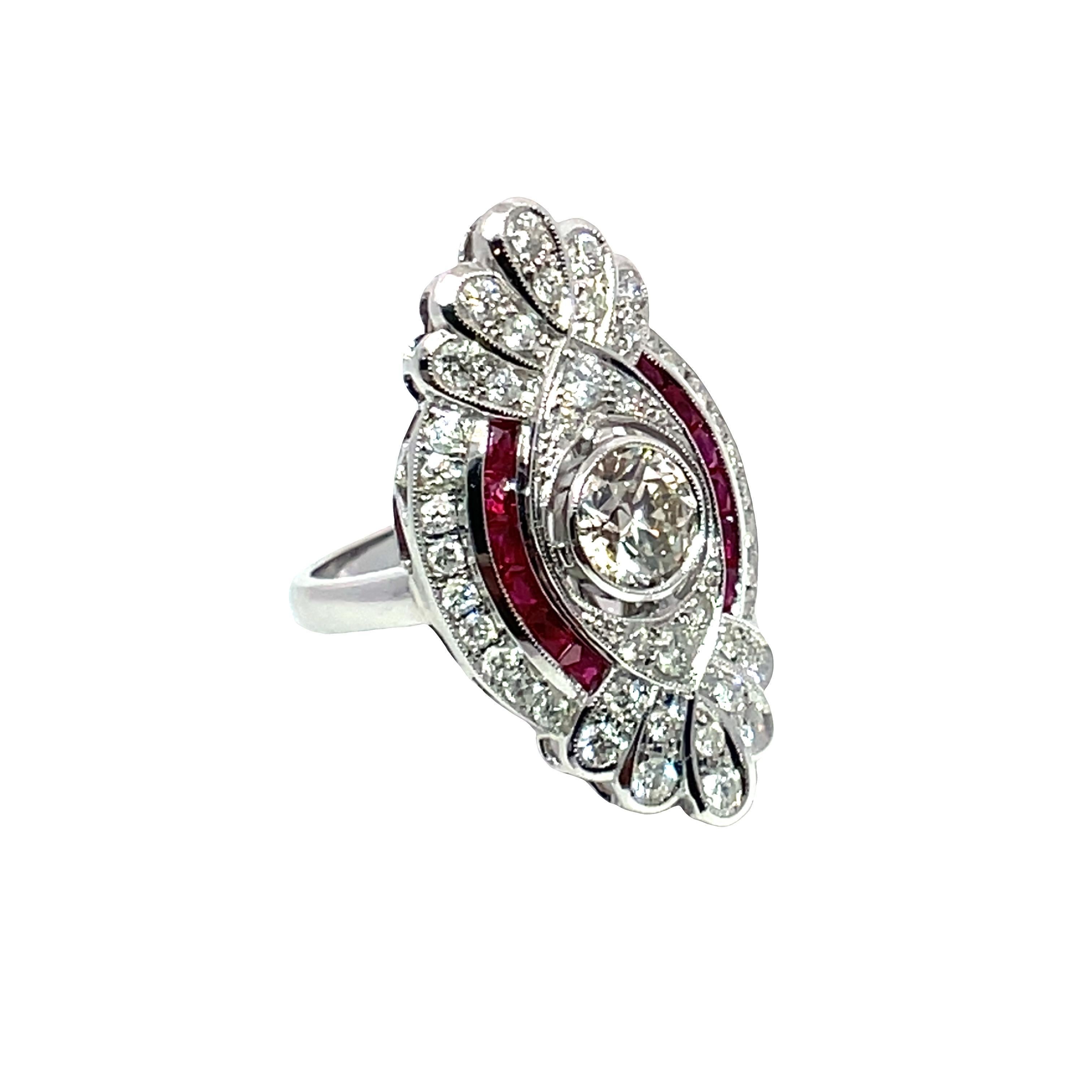 Round Cut 18k White Gold Diamond & Ruby Cluster Ring For Sale