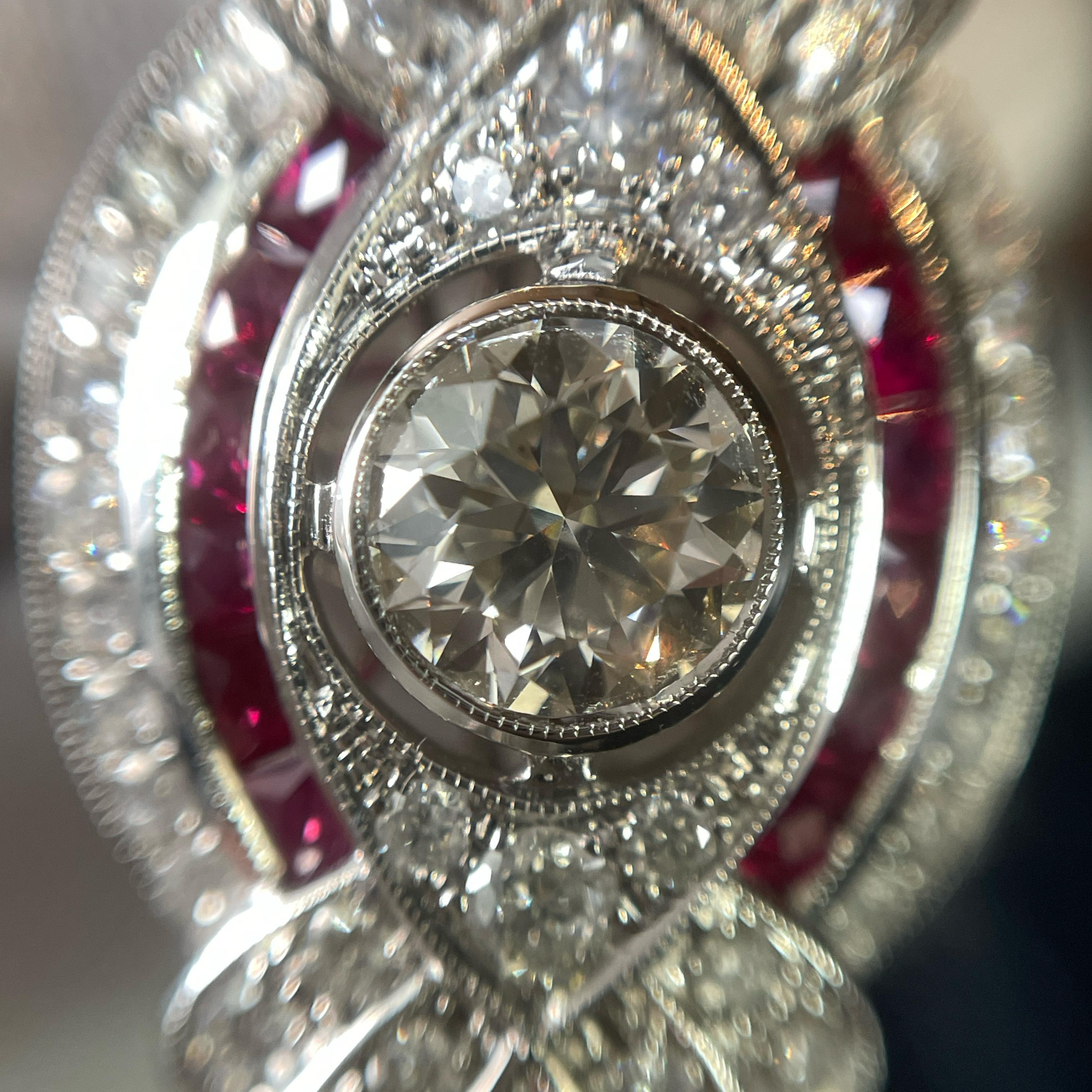 18k White Gold Diamond & Ruby Cluster Ring For Sale 2