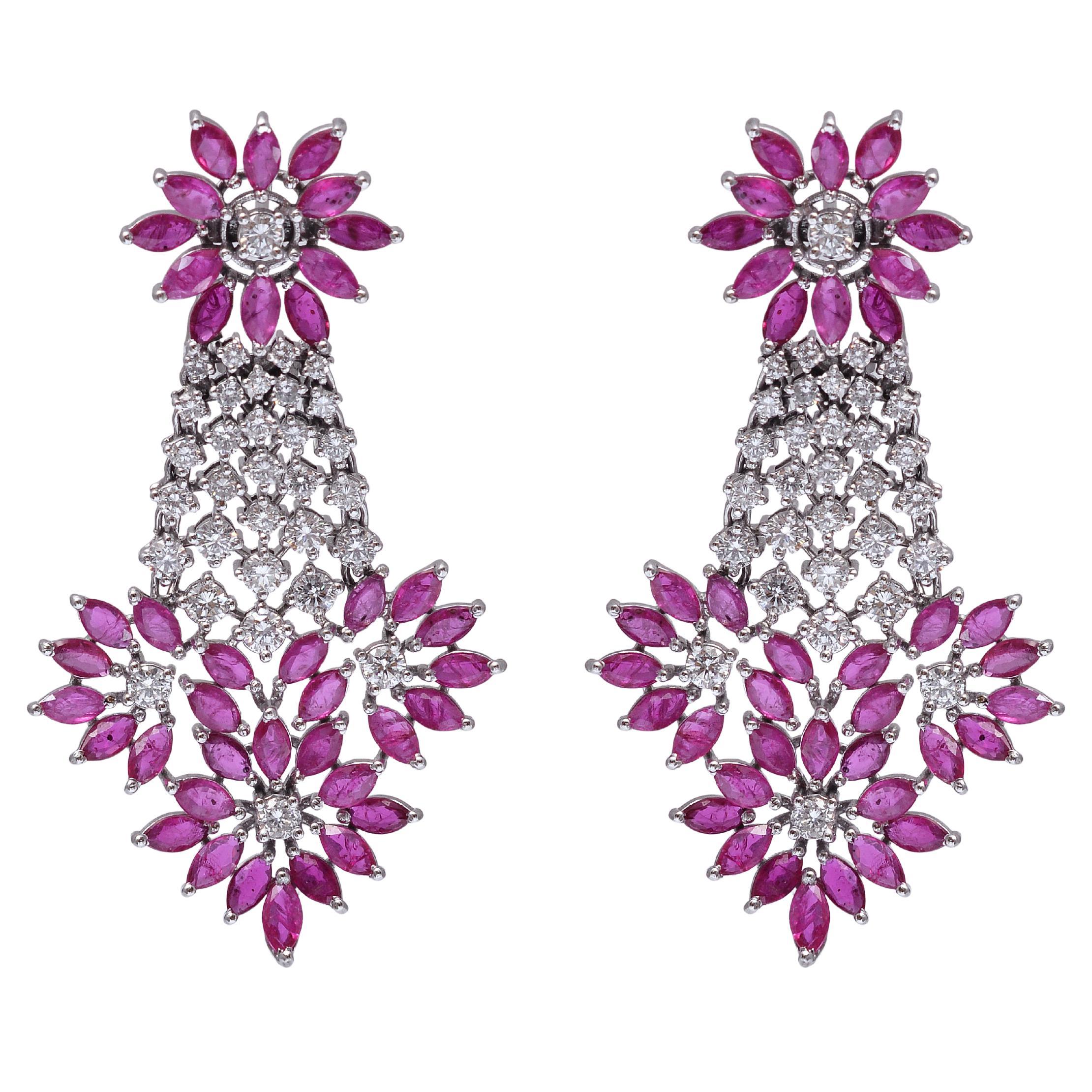 18K White Gold Diamond Ruby Earrings For Sale