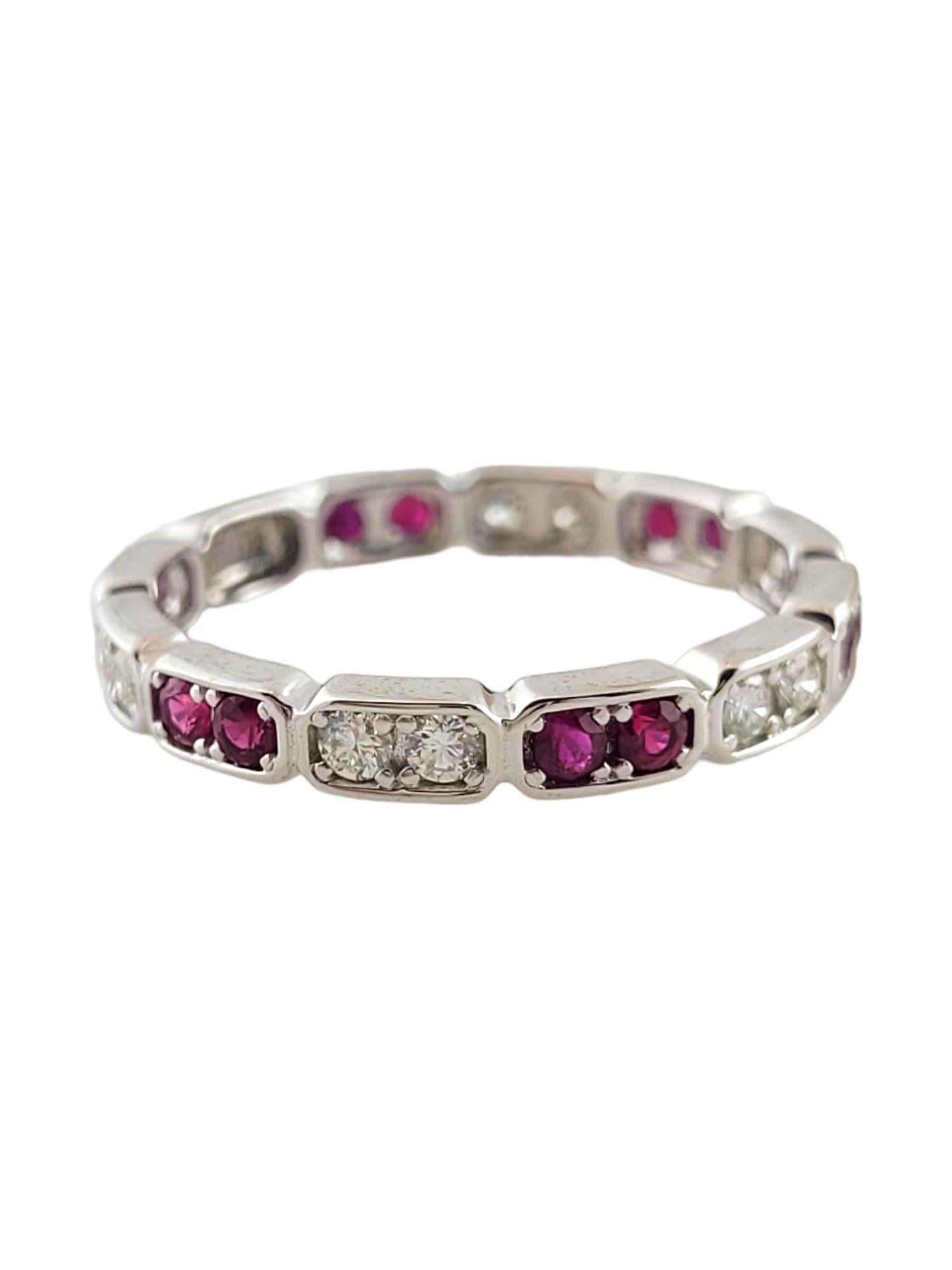 Gorgeous 18K white gold eternity band with 10 round cut, sparkling diamonds and 12 round cut, natural rubies!

Approximate total diamond weight: .27 cttw

Diamond clarity: SI1-SI2

Diamond color: H-I

.43cts in natural rubies.

Ring size:
