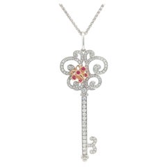 18k White Gold Diamond & Ruby Large Detailed Floral Key Pendant Wheat Chain