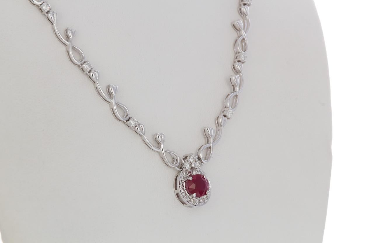 Contemporary 18 Karat White Gold Diamond and Ruby Necklace