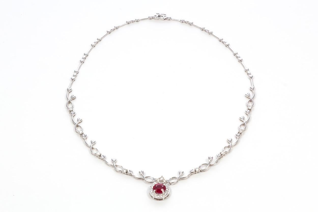 Round Cut 18 Karat White Gold Diamond and Ruby Necklace