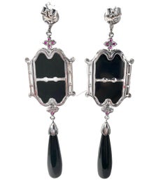 18K White Gold, Diamond, Ruby & Onyx Victorian Style Earrings