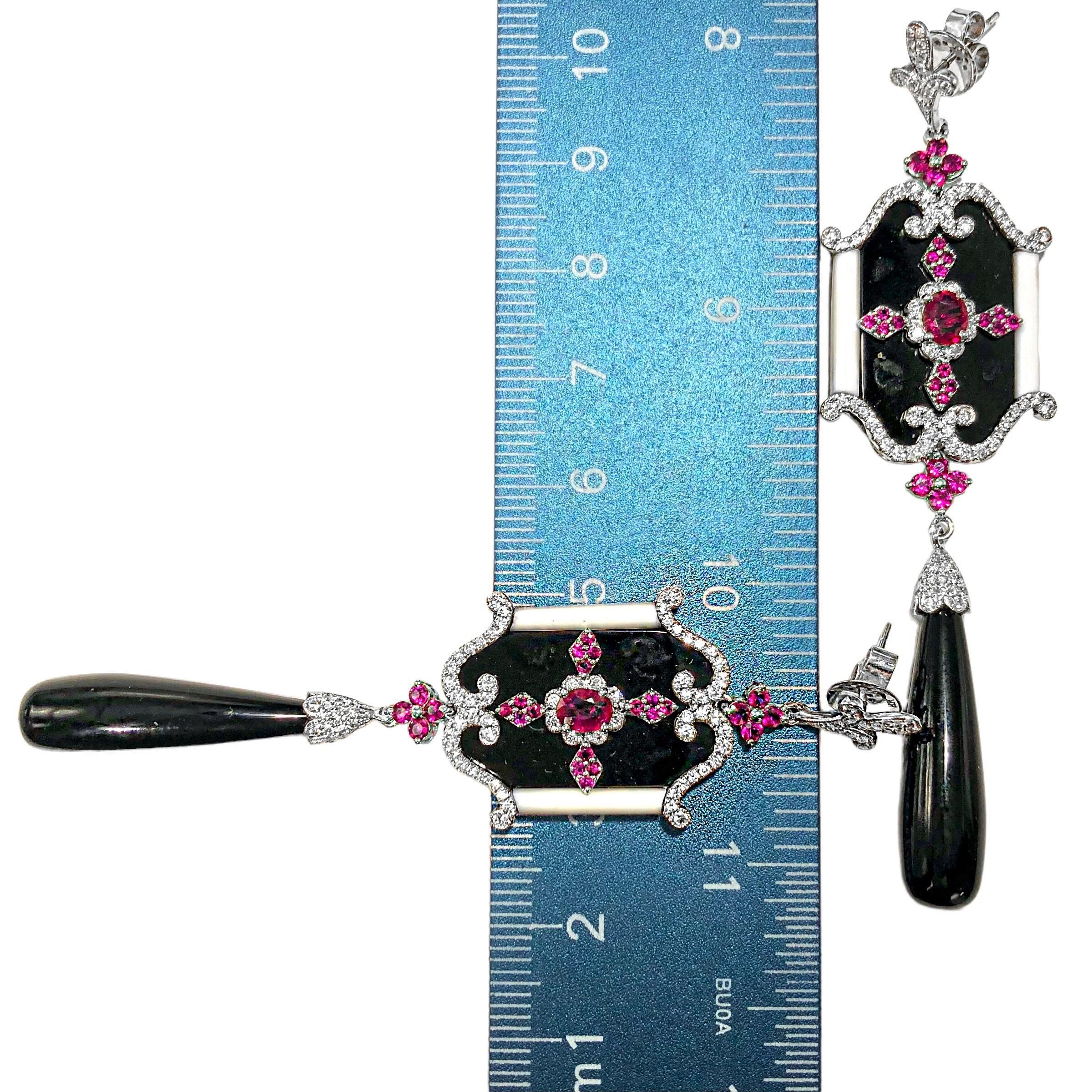 Brilliant Cut 18K White Gold, Diamond, Ruby & Onyx Victorian Style Earrings For Sale
