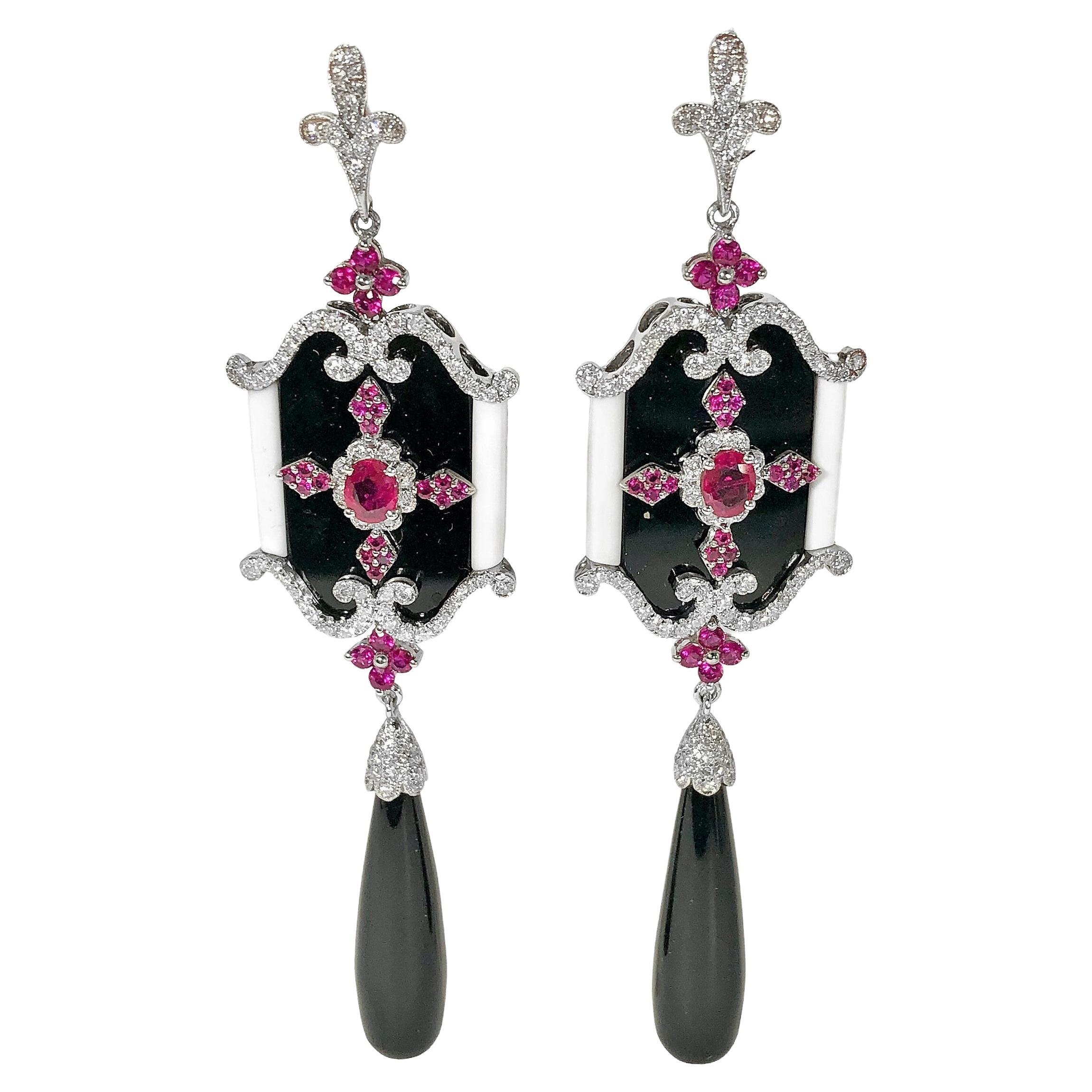 18K White Gold, Diamond, Ruby & Onyx Victorian Style Earrings For Sale