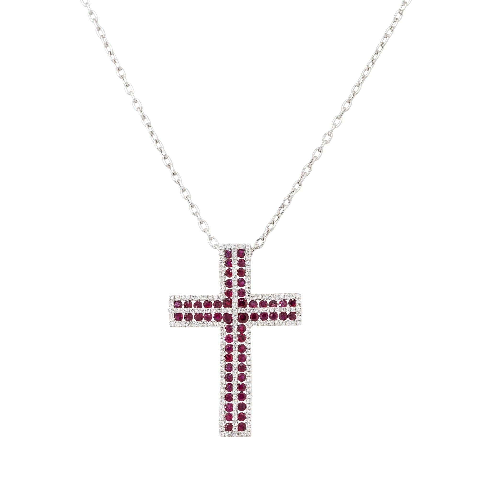 Round Cut Diamond & Ruby Pave Cross Pendant Necklace 18 Karat In Stock For Sale
