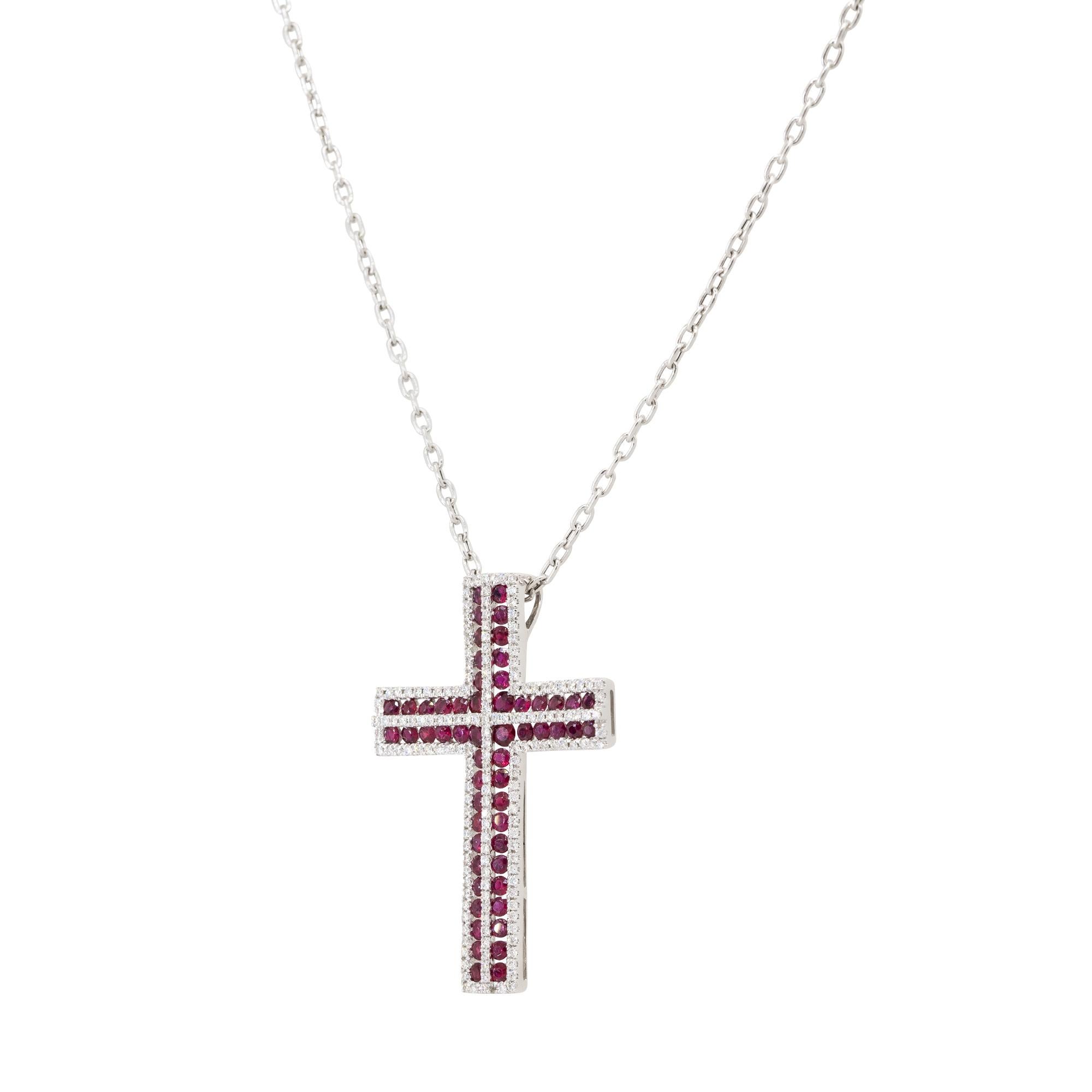 Diamond & Ruby Pave Cross Pendant Necklace 18 Karat In Stock In Excellent Condition For Sale In Boca Raton, FL