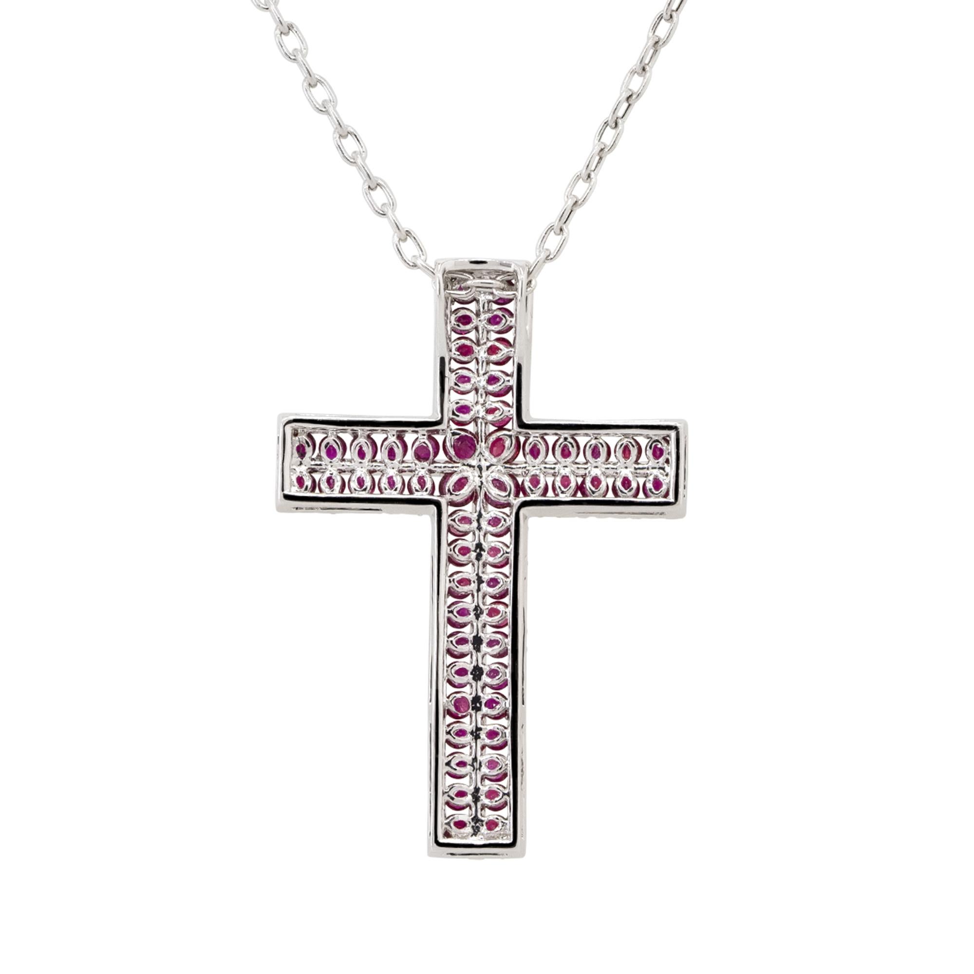 Women's Diamond & Ruby Pave Cross Pendant Necklace 18 Karat In Stock For Sale