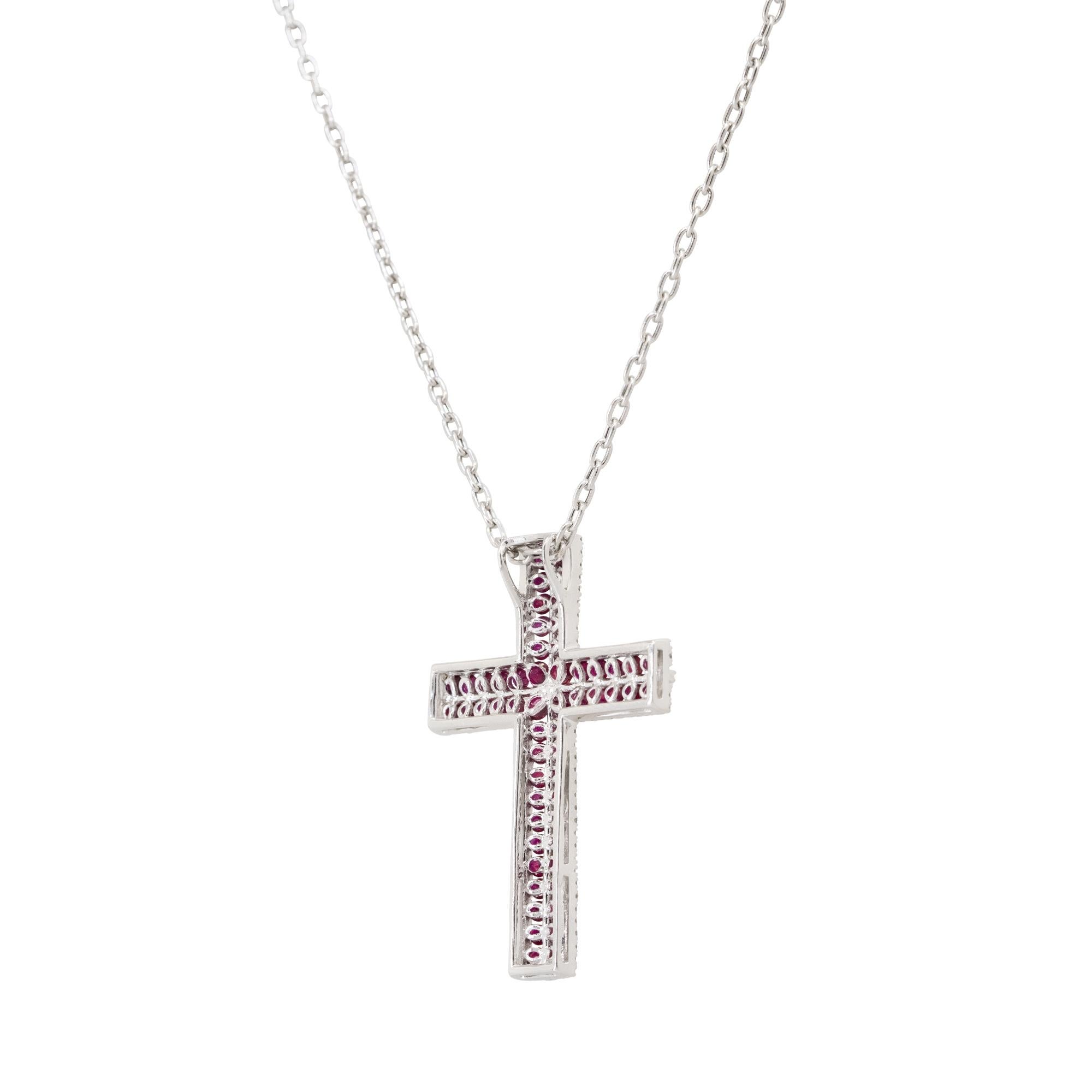 Diamond & Ruby Pave Cross Pendant Necklace 18 Karat In Stock For Sale 1