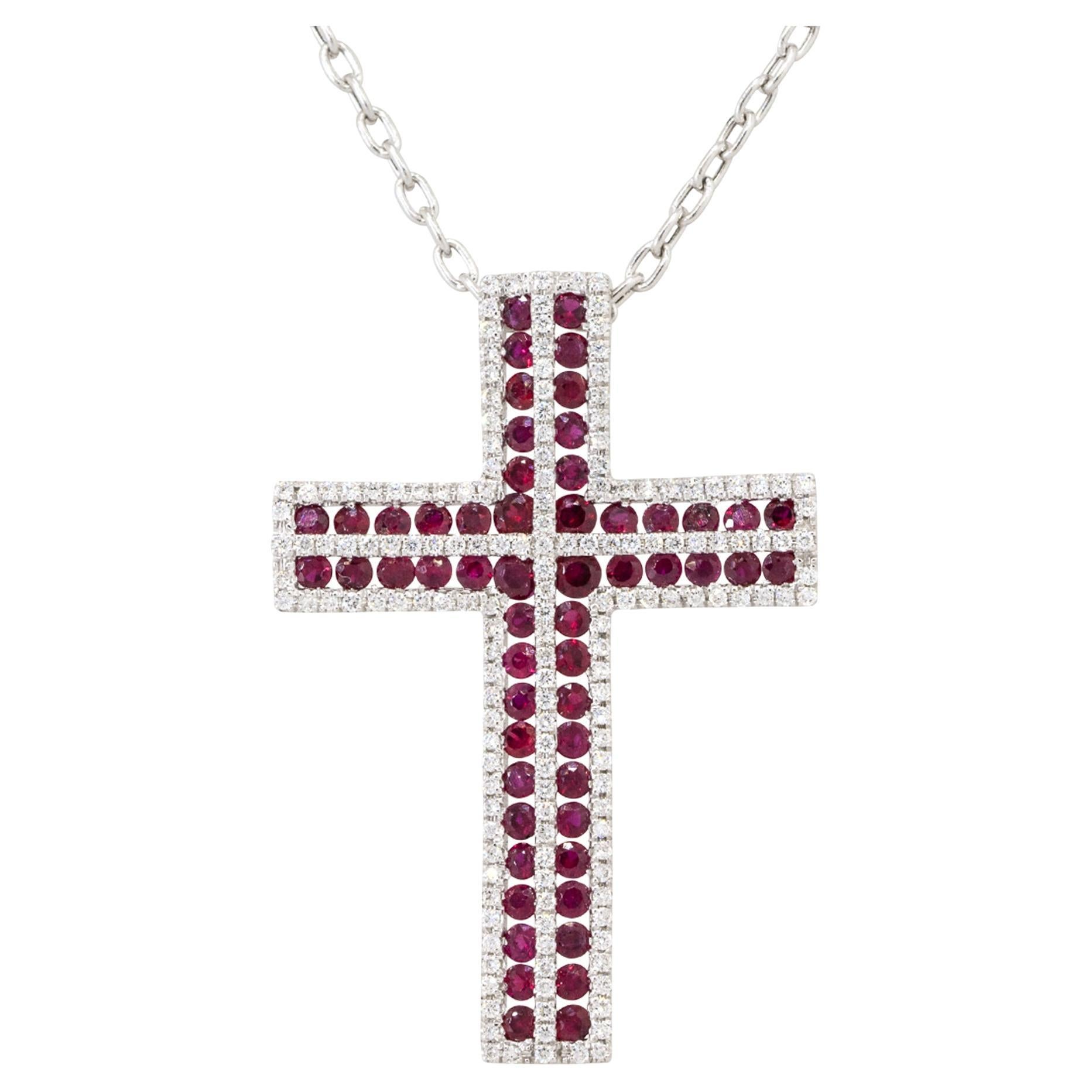 Diamond & Ruby Pave Cross Pendant Necklace 18 Karat In Stock For Sale