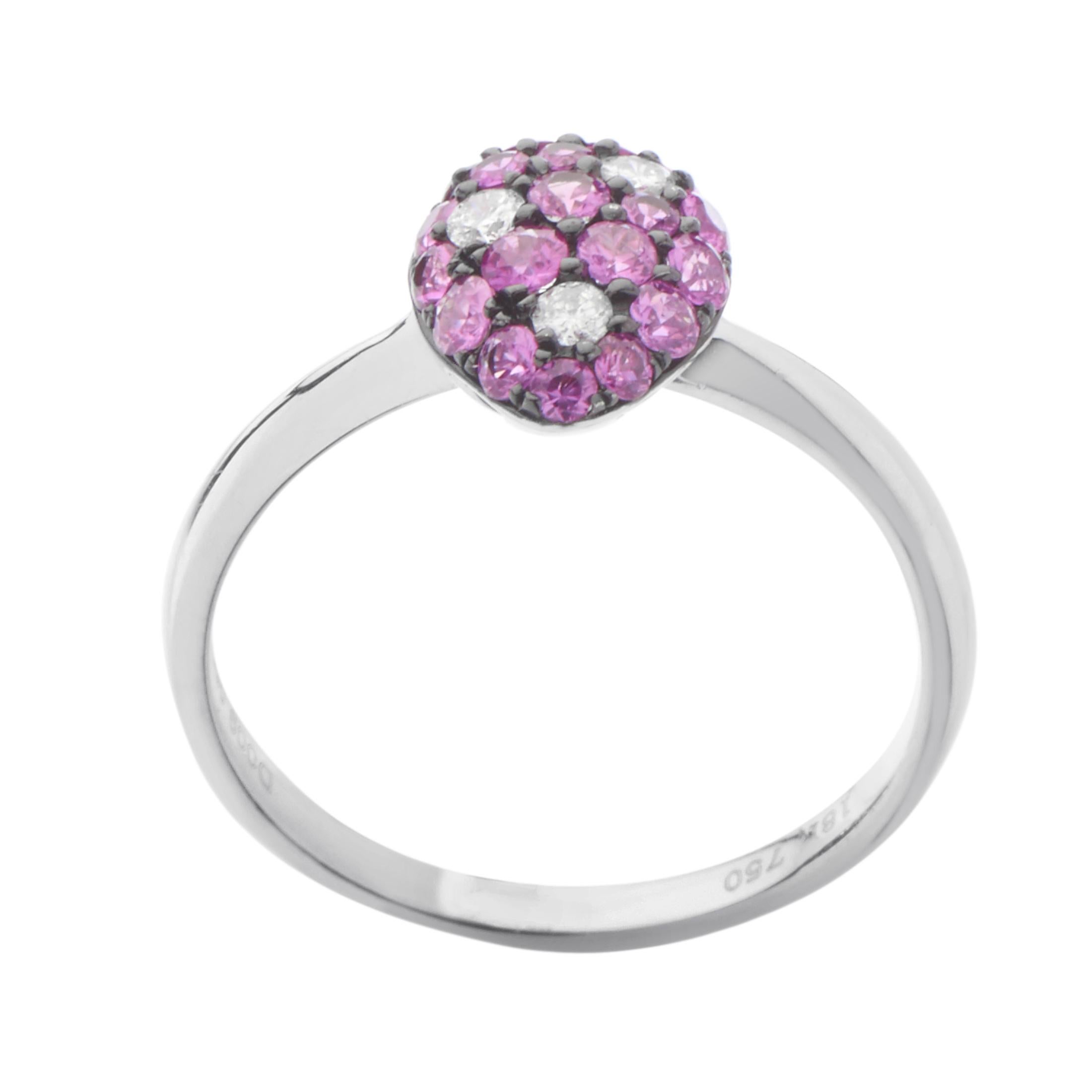 A gorgeous blend of romantic rubies weighing in total 0.55ct and glittering diamonds amounting to 0.09ct is placed upon a splendid 18K white gold body in this remarkably tasteful ring.
Ring Size: 8 x 10mm
