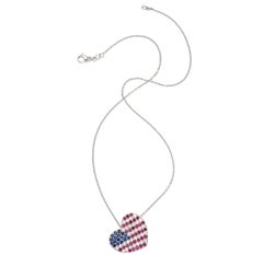 18k White Gold Diamond, Ruby, Sapphire American Flag Heart Pendant 16"