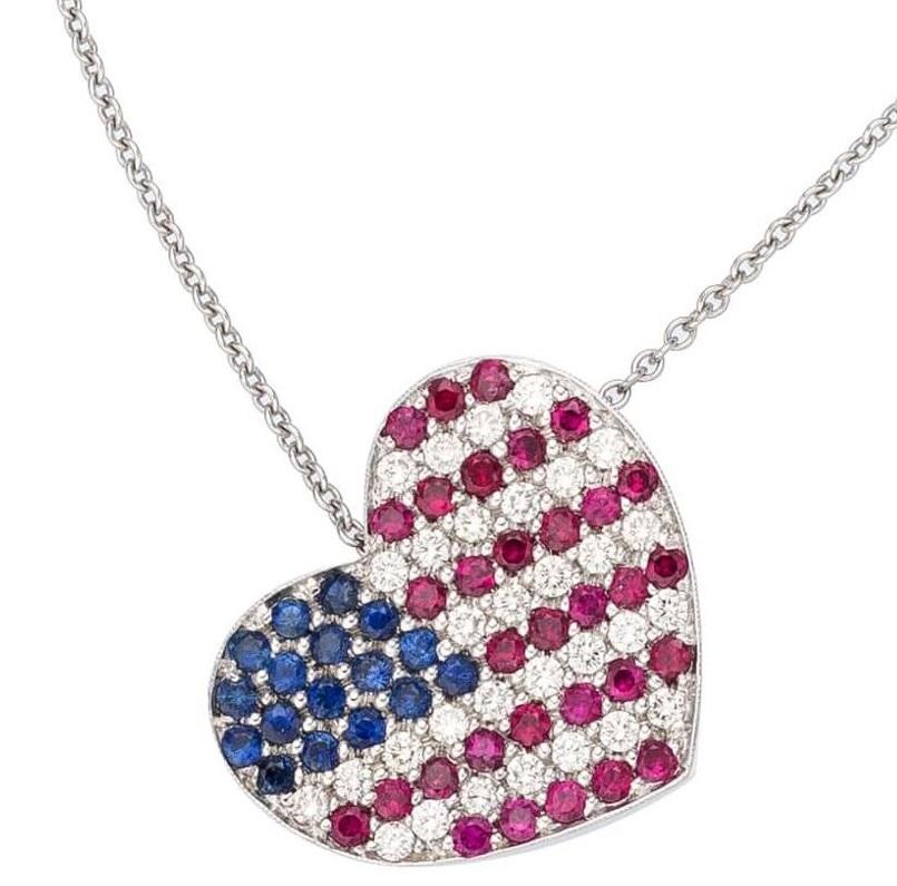 Modern 18k White Gold Diamond, Ruby, Sapphire American Flag Heart Pendant 16