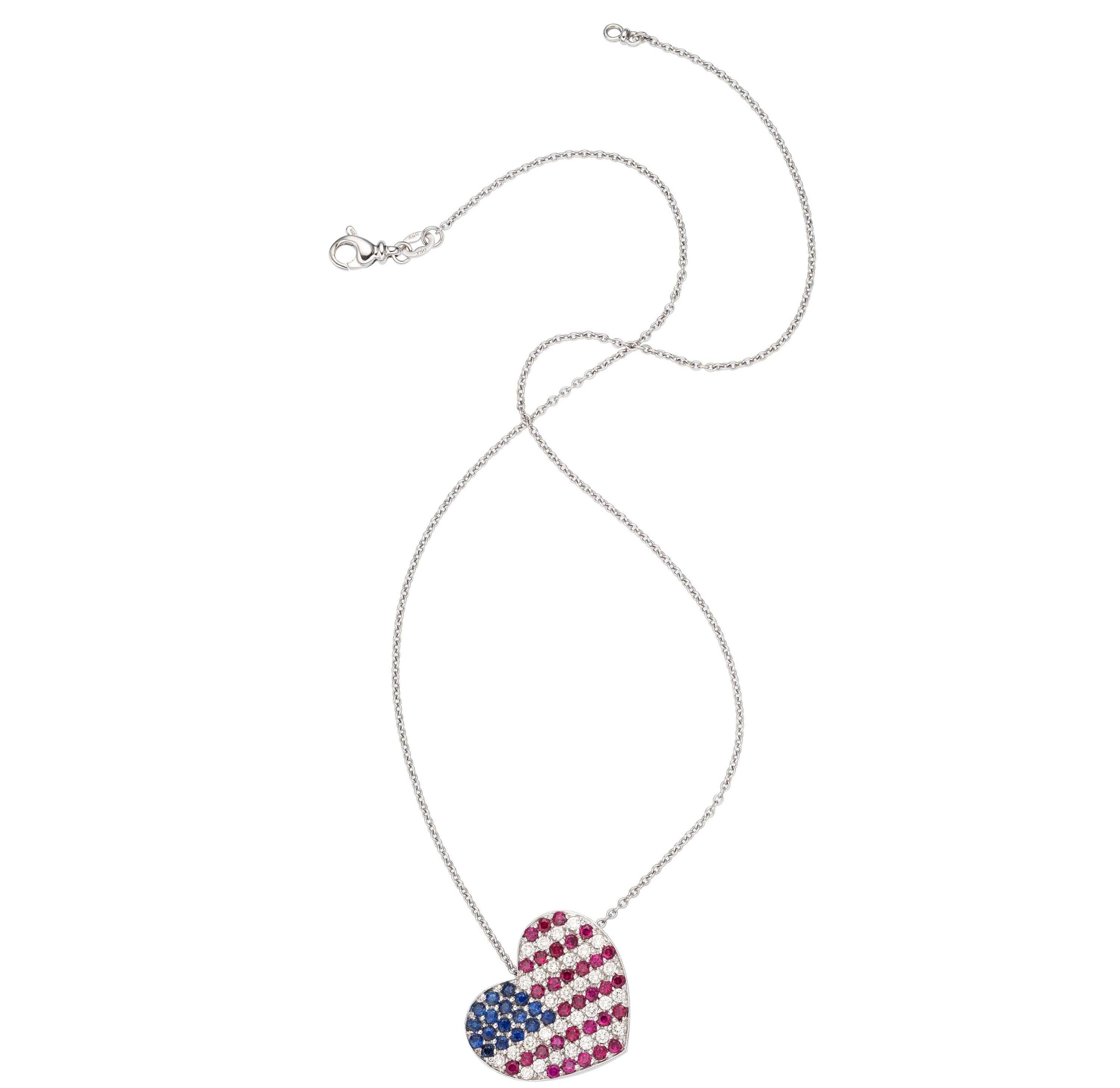 Round Cut 18k White Gold Diamond, Ruby, Sapphire American Flag Heart Pendant 16