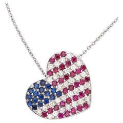 18k White Gold Diamond, Ruby, Sapphire American Flag Heart Pendant 16"