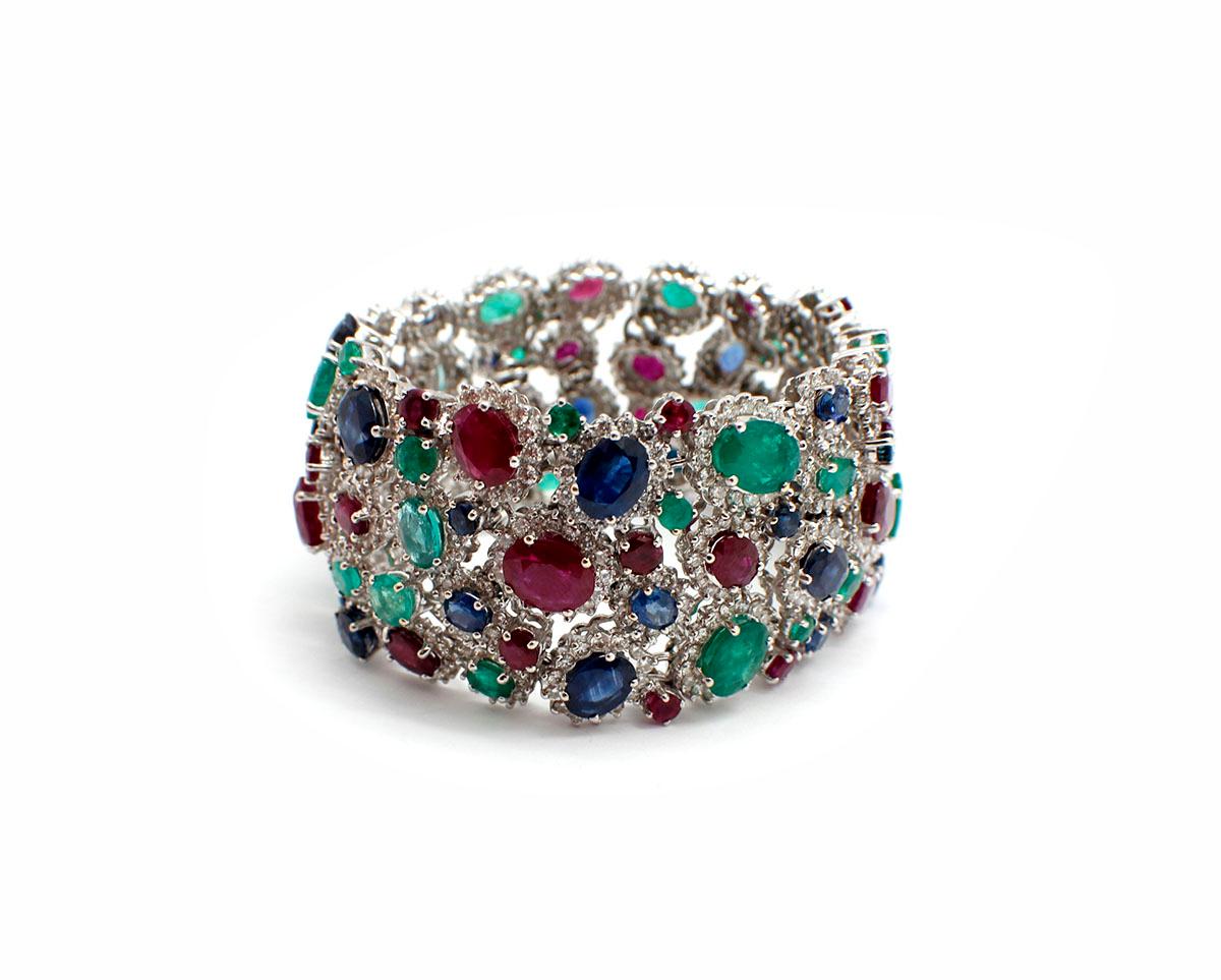 Oval Cut 18 Karat White Gold Diamond Ruby Sapphire Emerald Wide Bracelet