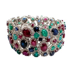 18 Karat White Gold Diamond Ruby Sapphire Emerald Wide Bracelet