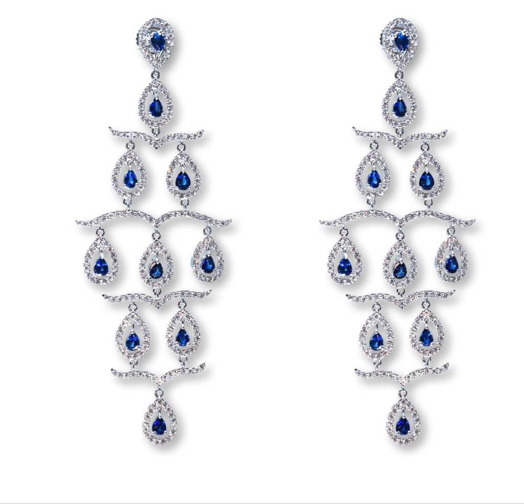 18K White Gold Diamond, Sapphire and Gold Earrings featuring round brilliant-cut diamonds, 
pear-shaped sapphires, length approximately 3.75 inches

SKU#E-02692