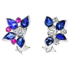 18K White Gold, Diamond, Sapphire and Ruby Floral Motif Earrings, Pierre/Famille